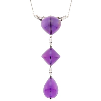 Lot 1203 - Platinum, Silver, Cabochon Amethyst and Diamond Pendant-Necklace