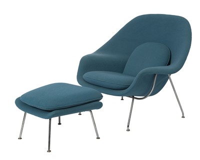 Lot 232 - Eero Saarinen Chromed Metal and Upholstered "Womb" Chair and Ottoman