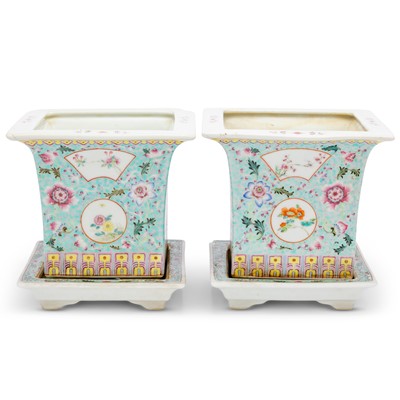 Lot 714 - A Pair of Chinese Enameled Porcelain Planters and Undertrays