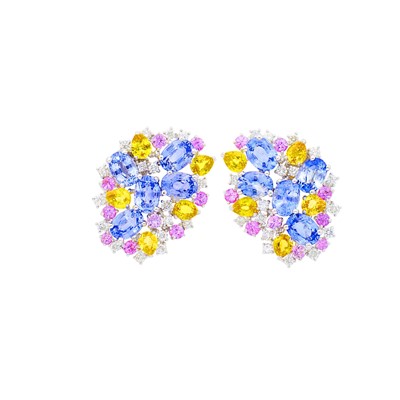 Lot 234 - Pair of White Gold, Multicolored Sapphire and Diamond Cluster Earrings