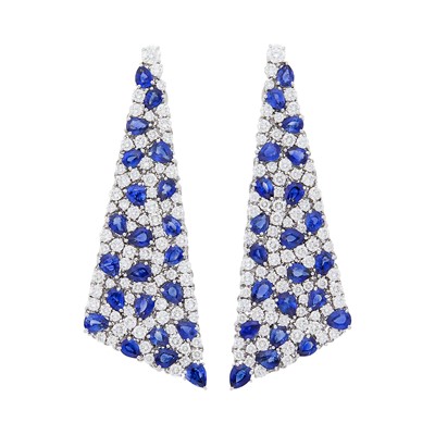Lot 125 - Pair of White Gold, Sapphire and Diamond Pendant-Earrings