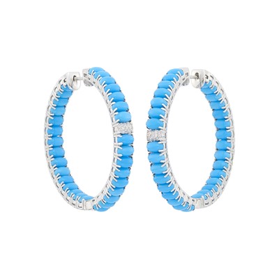 Lot 1165 - Pair of White Gold, Turquoise and Diamond Hoop Earrings