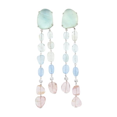 Lot 2035 - Pair of White Gold, Cabochon Flourite, Aquamarine and Pink Tourmaline Bead and Diamond Pendant-Earclips
