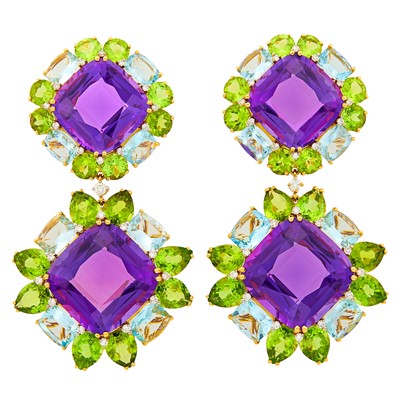 Lot 1116 - Pair of Gold, Amethyst, Peridot, Aquamarine and Diamond Pendant-Earclips