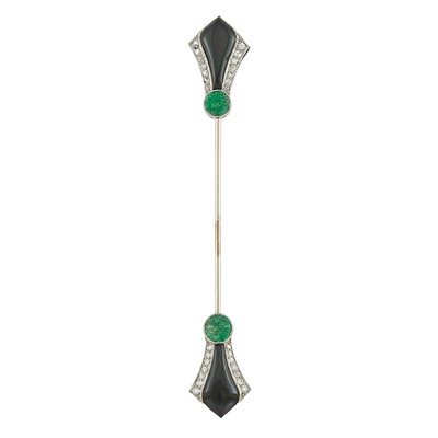 Lot 2067 - Platinum, Carved Emerald, Black Onyx and Diamond Jabot