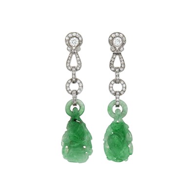 Lot 176 - Cartier Platinum, Carved Jade and Diamond Pendant-Earclips