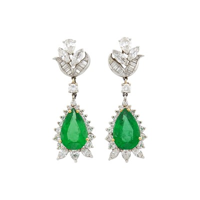 Lot 1138 - Pair of White Gold, Emerald and Diamond Pendant-Earclips