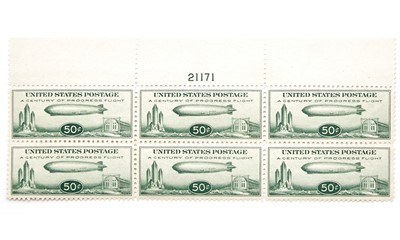 Lot 1030 - United States 1933 50 Cent Zeppelin, Plate Block of 6, Scott C18