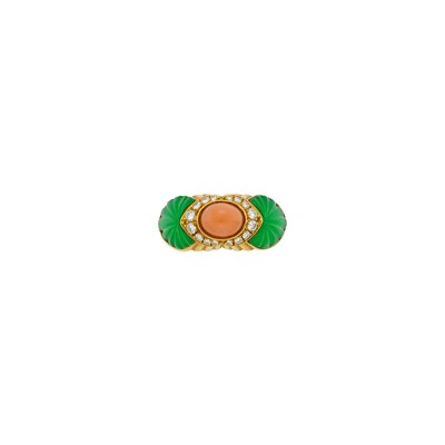 Lot 247 - Cartier Gold, Angel Skin Coral, Fluted Chrysoprase and Diamond Ring, France