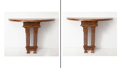 Lot 404 - Pair of Faux Grain Painted Demilune Consoles