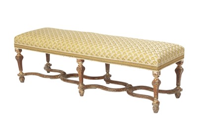 Lot 435 - Continental Grained, Green-Painted, and Parcel-Gilt Long Bench