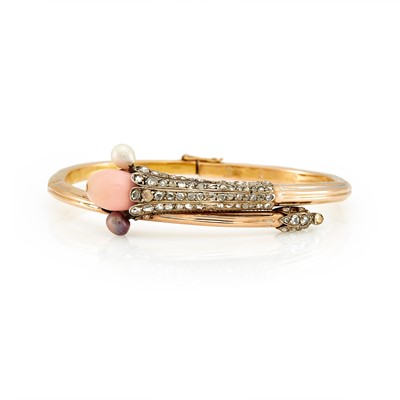 Lot 2036 - Antique Gold, Silver, Conch and Multicolored Pearl and Diamond Bangle Bracelet