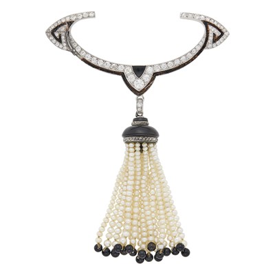 Lot 178 - Platinum, Diamond, Seed Pearl, Black Onyx and Black Enamel Tassel Brooch