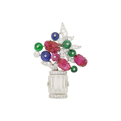 Lot 1227 - Platinum, Carved Frosted Rock Crystal and Ruby, Emerald and Sapphire Bead and Diamond Bouquet Clip-Brooch