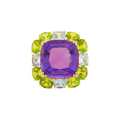 Lot 1117 - Gold, Amethyst, Peridot, Aquamarine and Diamond Ring