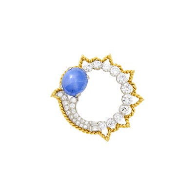 Lot 236 - Marcus & Co. Platinum, Star Sapphire and Diamond Brooch with Van Cleef & Arpels Gold Frame