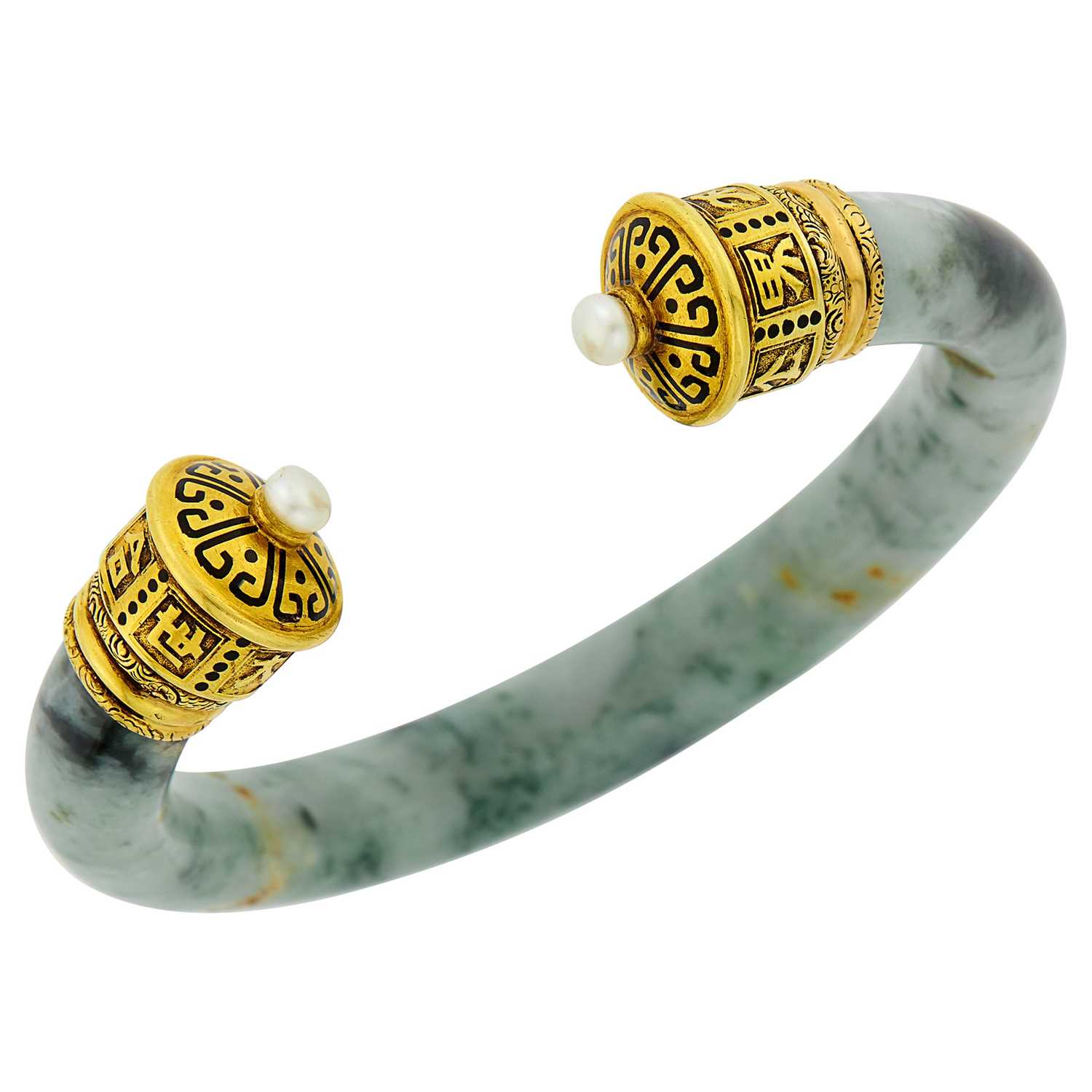 Lot 17 - Cartier Gold, Jade, Cultured Pearl and Black Enamel Bangle Bracelet, France