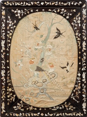 Lot 570 - A Chinese Silk Embroidery and Shell-inset Hardwood Screen