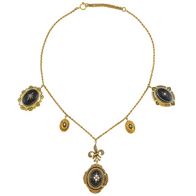 Lot 2038 - Gold, Banded Agate, Enamel, Split Pearl and Diamond Necklace