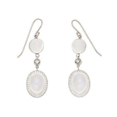 Lot 1269 - Platinum, Gold, Moonstone and Diamond Pendant Earrings
