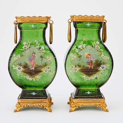 Lot 94 - Pair of French Gilt Metal and Enamel Decorated Glass Vases