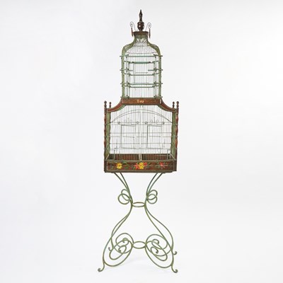 Lot 187 - Painted Wirework Birdcage on Wrought Iron Stand