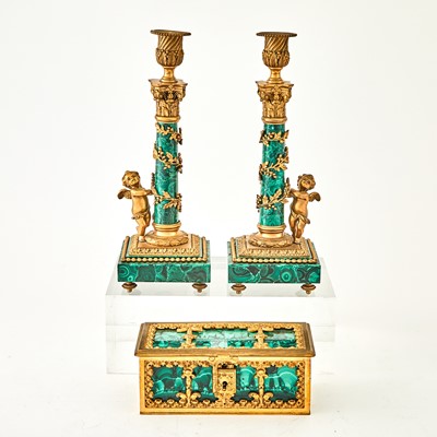 Lot 339 - Pair of Louis XVI Style Gilt-Metal Mounted Malachite Candlesticks