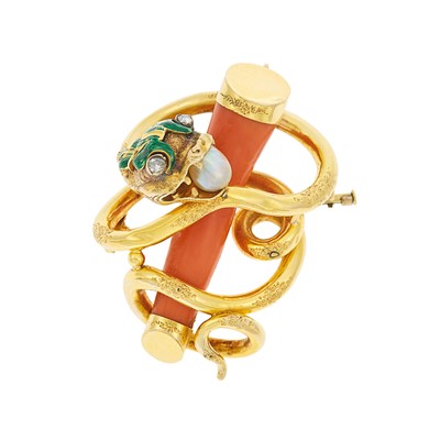 Lot 1131 - Antique Gold, Coral, Diamond, Baroque Pearl and Enamel Serpent Brooch