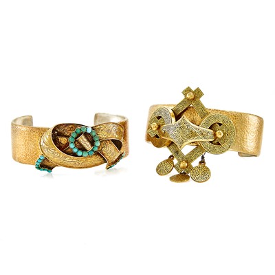 Lot 2055 - Gurhan Pair of Silver-Gilt and Turquoise Cuff Bracelets