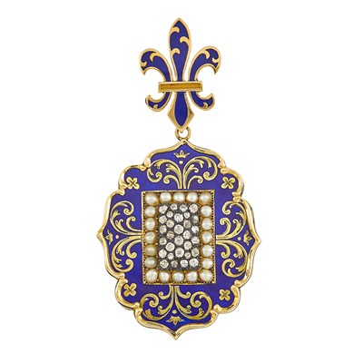Lot 2048 - Gold, Silver, Diamond, Split Pearl and Blue Enamel Pendant