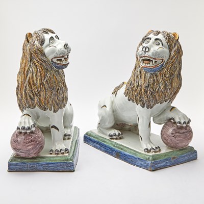 Lot 79 - Pair of French Luneville Faience Lions