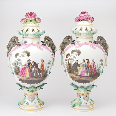 Lot 87 - Pair of  KPM Hand-Painted Porcelain Potpourri Urns and Covers