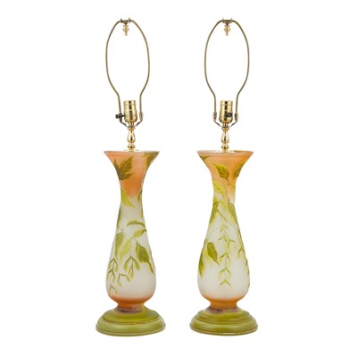 Lot 312 - Pair of Gallé Acid Etched Cameo Glass Vases Now Mounted as Lamps