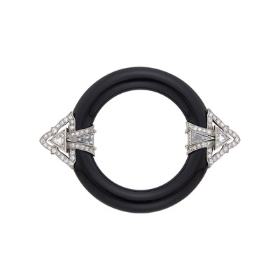 Lot 1222 - Black Onyx, Platinum and Diamond Circle Brooch