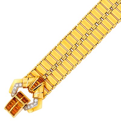 Lot 202 - Gold, Citrine and Diamond Buckle Strap Bracelet