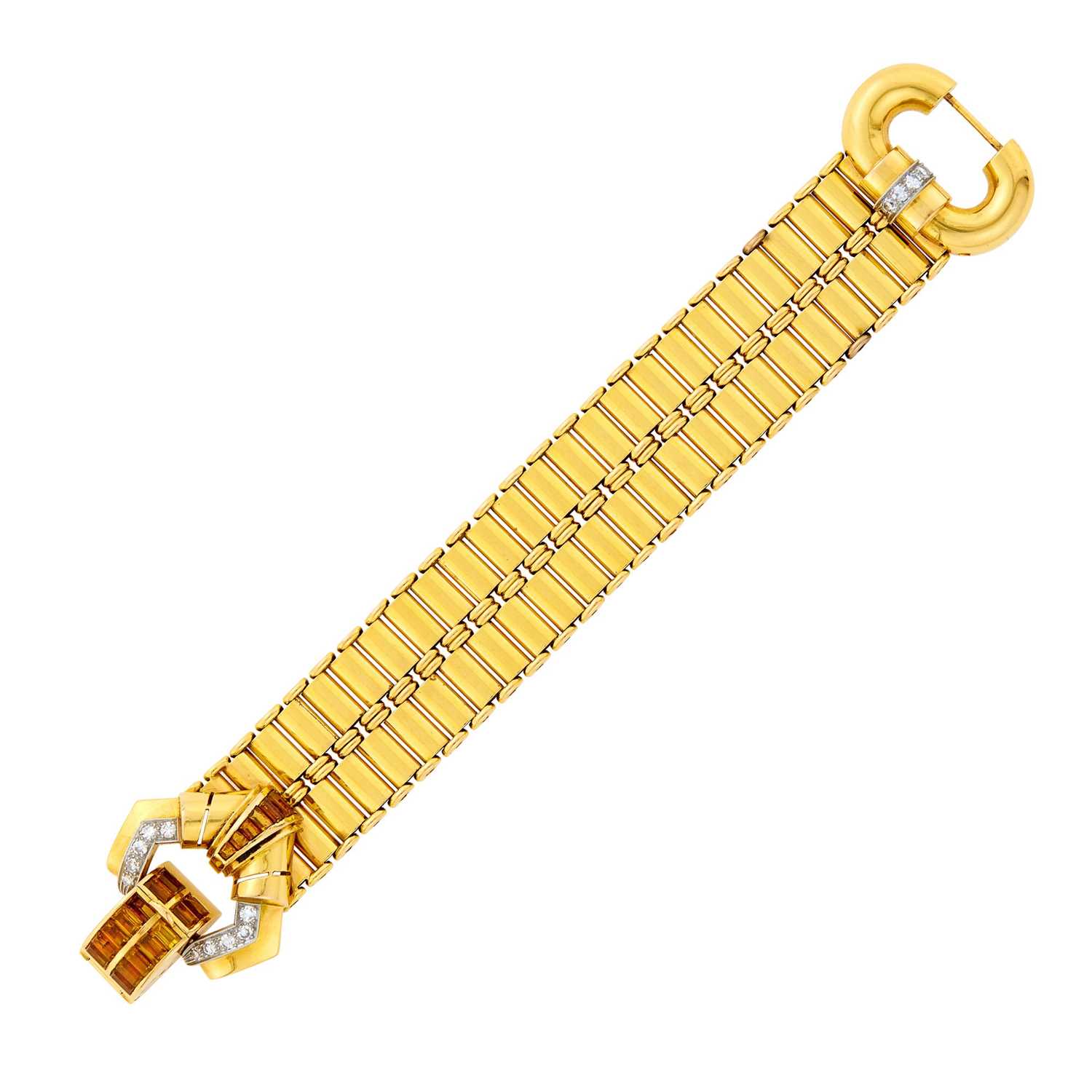Lot 202 - Gold, Citrine and Diamond Buckle Strap Bracelet