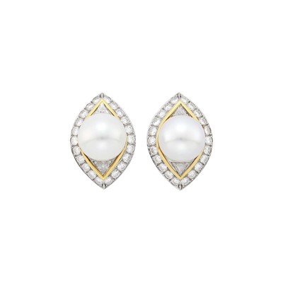 Lot 245 - Bulgari Pair of Platinum, Gold, South Sea Cultured Pearl and Diamond Earclips