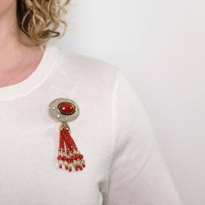 Lot 1018 - Trianon Gold, Frosted Rock Crystal, Oxblood Coral, Coral and Frosted Rock Crystal Bead Fringe Pendant-Brooch