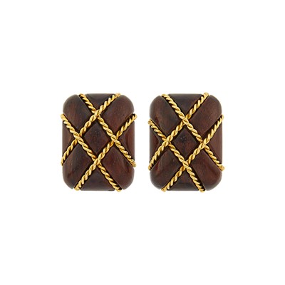 Lot 1097 - Seaman Schepps Pair of Gold and Wood 'Cage' Earclips