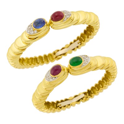 Lot 1063 - Pair of Gold, Cabochon Gem-Set and Diamond Bangle Bracelets