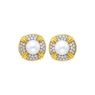 Lot 1147 - Pair of Gold, Platinum, South Sea Cultured Pearl and Diamond Earclips