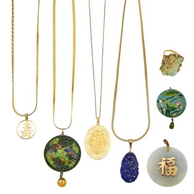 Lot 1210 - Group of Gold, Silver, Hardstone and Cloisonné Enamel Jewelry