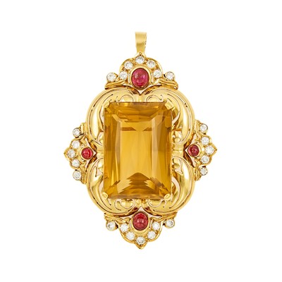 Lot 1098 - Gold, Citrine, Ruby and Diamond Pendant-Brooch