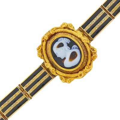 Lot 1093 - Antique Gold, Hardstone Cameo and Black Enamel Bracelet