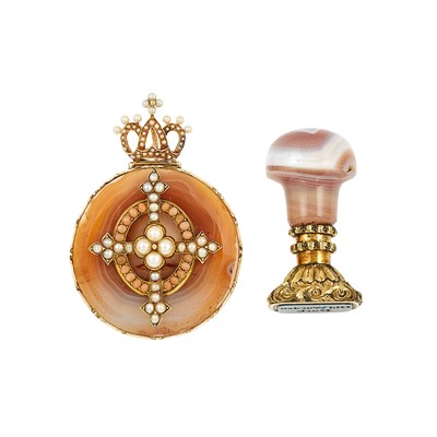 Lot 1128 - Gold, Agate, Pearl and Angel Skin Coral Cross Pendant and Gold-Filled, Bloodstone Intaglio and Agate Seal