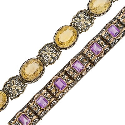 Lot 1165 - Two Antique Silver, Gold, Low Karat Gold, Amethyst and Citrine Bracelets