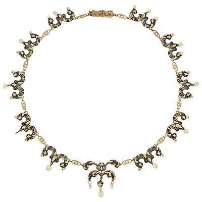 Lot 1109 - Antique Gold, Swiss Black and White Enamel and Pearl Necklace