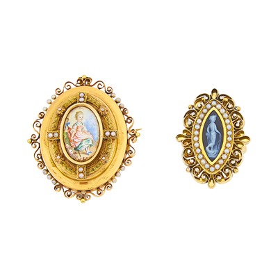 Lot 1129 - Gold, Sardonyx Cameo and Split Pearl Ring and Two-Color Gold, Painted Porcelain and Split Pearl Locket-Brooch