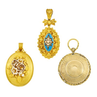 Lot 1133 - Three Gold, Low Karat Gold, Angel Skin Coral, Diamond, Pearl and Enamel Lockets