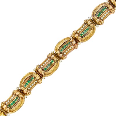 Lot 1135 - Antique Gold, Emerald, Split Pearl and Pearl Bracelet